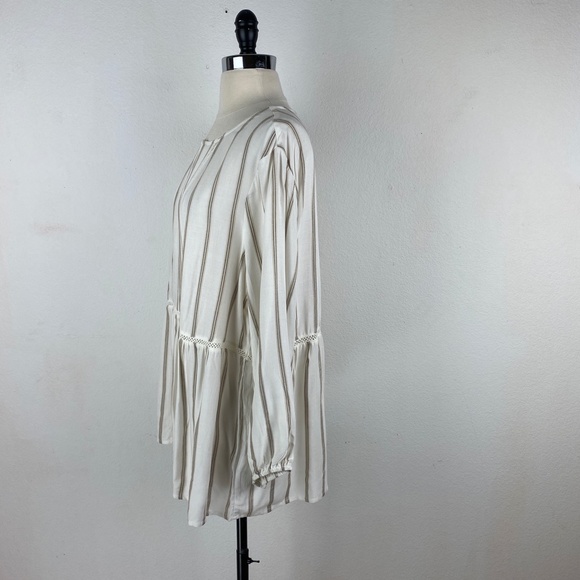 FEVER Womans Tunic Blouse Large Tan Ivory Striped Relaxed Peasant Boho Gypsy NWT - Picture 5 of 9
